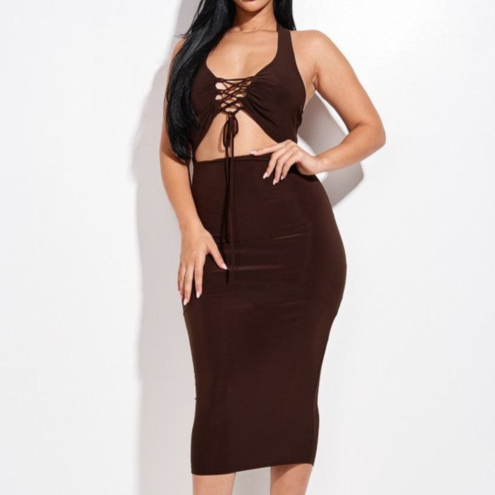 Womens Chocolate Solid Halter Neck Criss Cross Front And Cutout Sexy Midi Dress